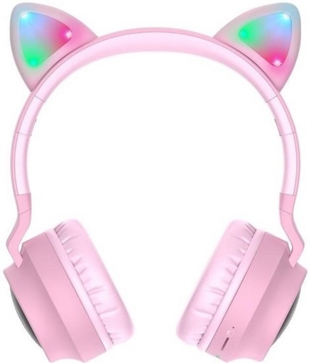Беспроводные наушники с ушками Hoco W27 Cat Ear розовый (подсветка, bluetooth)