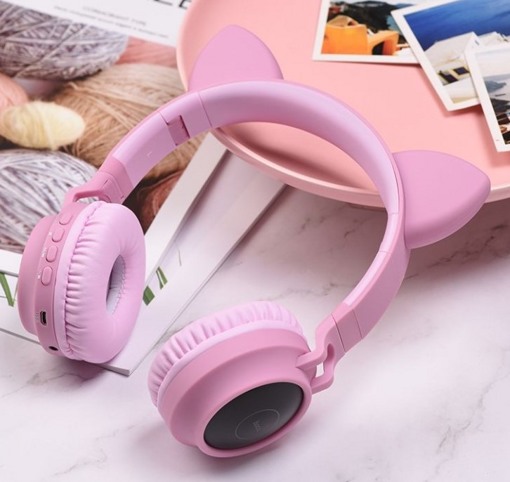 Беспроводные наушники с ушками Hoco W27 Cat Ear розовый (подсветка, bluetooth)