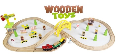 Детская деревянная железная дорога "Стройка" 70 предметов Wooden Toys