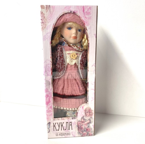 Фарфоровая кукла керамика Алёна в розовом платье и бордовом джемпере 30 см 4822706