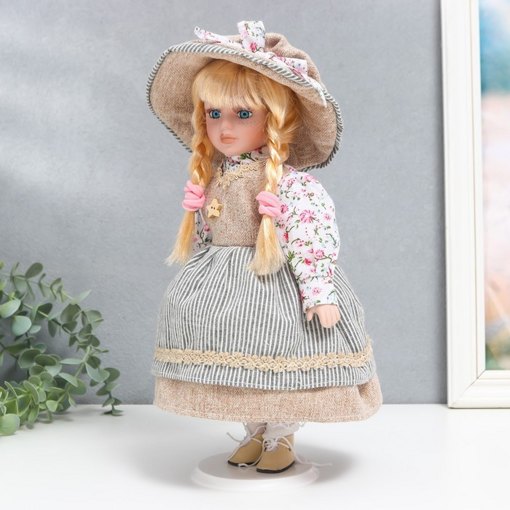 Фарфоровая кукла керамика Ирина в платье в полоску с сумочкой 30 см 5053246