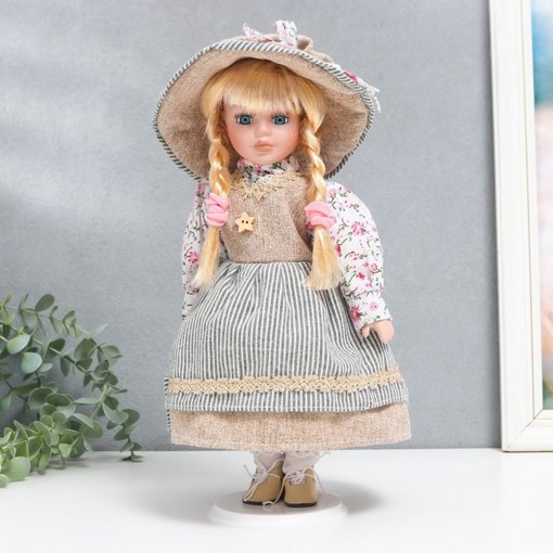 Фарфоровая кукла керамика Ирина в платье в полоску с сумочкой 30 см 5053246