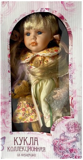 Фарфоровая кукла керамика Иришка в персиковом платье с цветами и мишкой 30 см 6260927