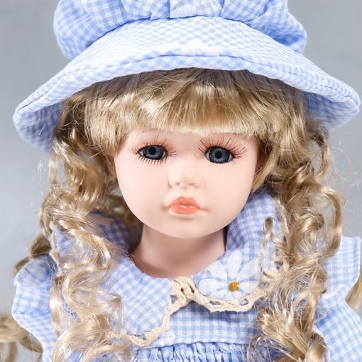 Фарфоровая кукла керамика Маша в голубом платье в клетку, шляпе, с медведем 30 см 7586175