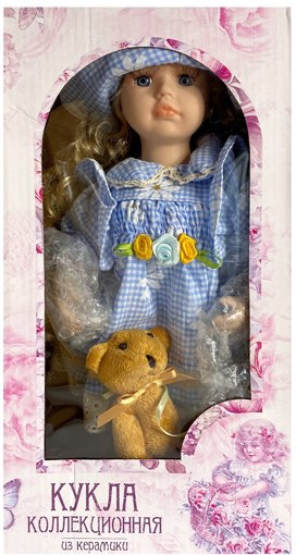 Фарфоровая кукла керамика Маша в голубом платье в клетку, шляпе, с медведем 30 см 7586175