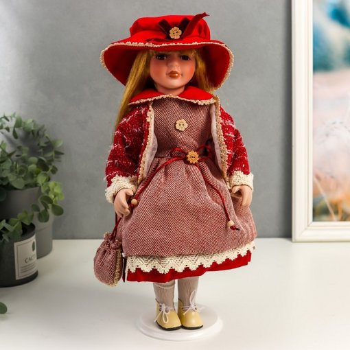 Фарфоровая кукла керамика Машенька в коралловом платье и бордовом жакете 40 см 6260186