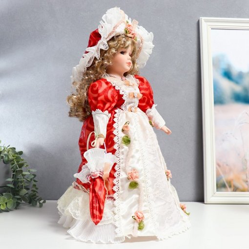 Фарфоровая кукла керамика Милана в платье с узорами в шляпе и с зонтом 40 см 4520529