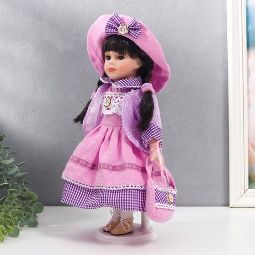 Фарфоровая кукла керамика Женя в розово-сиреневом платье в клетку 30 см 7559283
