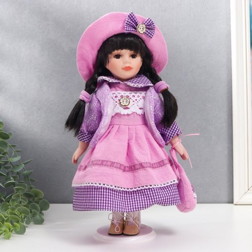 Фарфоровая кукла керамика Женя в розово-сиреневом платье в клетку 30 см 7559283