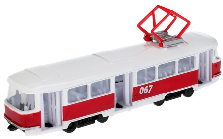 Инерционный металлический трамвай бело-красный Технопарк 18 см свет звук
