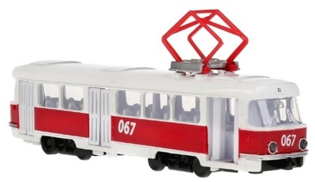 Инерционный металлический трамвай бело-красный Технопарк 18 см свет звук