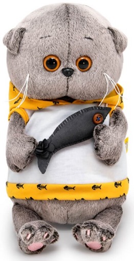 Мягкая игрушка Кот Басик Беби в худи без рукавов и с рыбкой 20 см BB-139